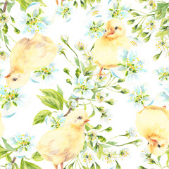 Seamless Easter pattern with chicks. Cute ginger bunny and cherry blossom. Young chicken with Cherry blossom and Oleander flowers. Watercolor background. Spring, Baby show and Easter decoration.