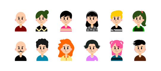 Set of various smiling men and women characters with various hairstyles isolated on white background, black eyes and eyebrows and pink cheeks, flat icons for apps and websites, vector illustration