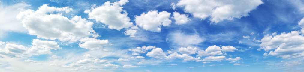 Panoramic view of the sky with beautiful cloudscape in sunny day. - obrazy, fototapety, plakaty