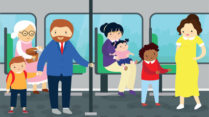 Adults and children travel by public transport