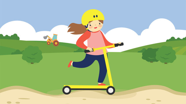 Girl rides a scooter along a path on the lawn