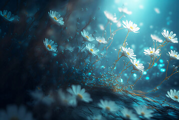 Fototapeta na wymiar magic white chamomile flowers at blue night