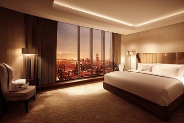 Luxury modern style bedroom, Interior of a hotel bedroom. Generative AI illustration