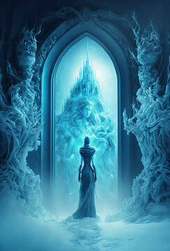winter queen in ice palace in blue color