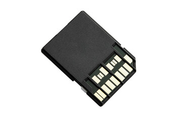 compact black SD memory card with metal contacts, isolated on a white background