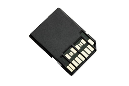 compact black SD memory card with metal contacts, isolated on a white background