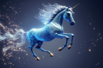 blue unicorn flying at night sky