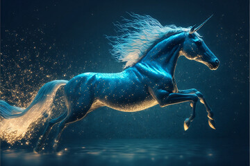 Obraz na płótnie Canvas blue unicorn flying at night sky