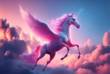 magical pink unicorn on background sky with pink clouds
