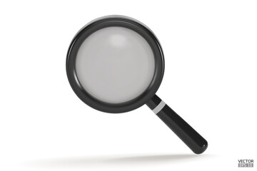 Realistic black Magnifying glass with shadow isolated on white background. Lupe 3d in a realistic style. Search vector icon. Discovery, research, search, analysis concept. 3D vector illustration.