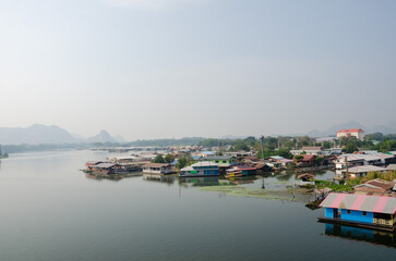Naklejka na ściany i meble Top view of Kanchanaburi city on kwai Yai and Kwai Noi rivers landscape