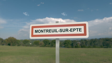 City sign of Montreuil-sur-Epte. Entrance of the municipality of Montreuil sur Epte
