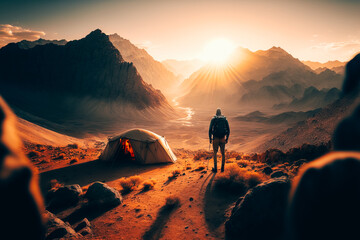 A camper enjoying a sunrise hike in the Dubai Mountains