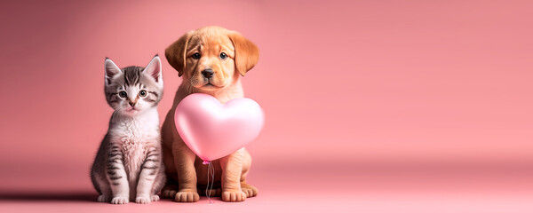 Cute dog and cat with valentine heart shape balloon on pink background. Photograph of Valentine's day card with adorable dog. Generative AI