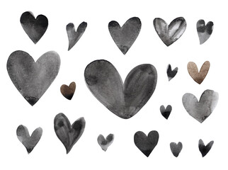 Set of black heart,brown. Watercolor background isolated on a white background, the elements are ideal for postcards,romance, love, wedding, valentine