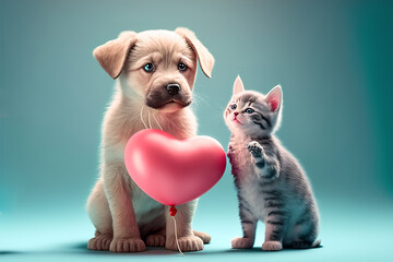 Cute dog  and cat with valentine heart shape balloon on blue background. Photograph of Valentine's day card with adorable dog. Generative AI