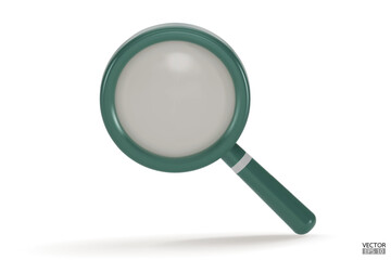 Realistic green Magnifying glass with shadow isolated on white background. Lupe 3d in a realistic style. Search vector icon. Discovery, research, search, analysis concept. 3D vector illustration.