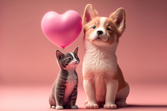 Cute dog and cat with valentine heart shape balloon on pink background. Photograph of Valentine's day card with adorable dog. Generative AI