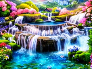 Fountain in the park. Beautiful Landscape painting of a waterfall with colorful flowers, mountains, lake and houses.