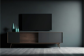 Tv cabinet in modern empty room Dark wall. Generative AI