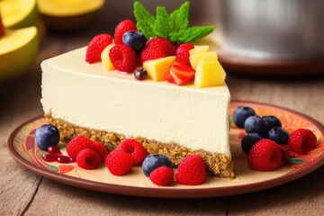 High-Resolution Image of a Delicious and Decadent Cheesecake Topped with Fresh and Colorful Fruit, Perfect for Adding a Tasty and Appetizing Element to Your Design Project