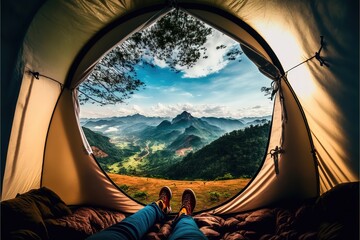 view from inside tent with sleeping bags on mountain hill. Generative AI