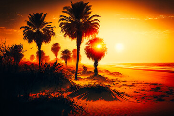 Obraz premium A palm tree-lined beach with a golden sunrise