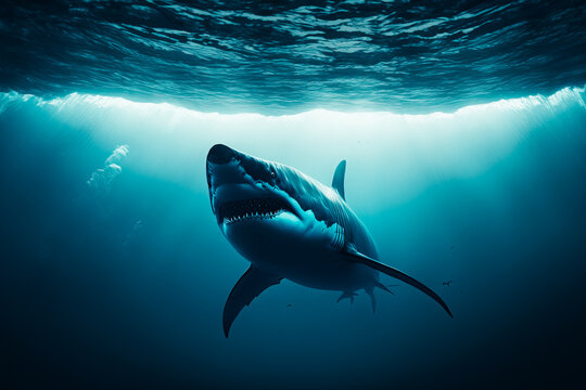 A Massive Shark Swimming In Deep Blue Waters