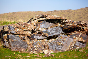 Petroglyphs on the rocks in Kazakhstan. The ancient parking cave man. Historical cave paintings. Carved on stone images of deer, goats and wolves. The development of ancient peoples.