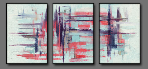 Abstract oil painting, white set hanging. Paint strokes, blue and red colors