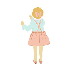 A girl in a pink sundress with a bow stands with her back, vector illustration on white background