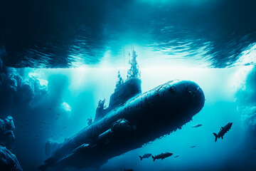 A submarine boat is seen in the deep blue ocean