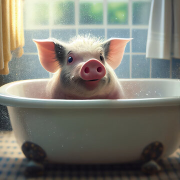 happy pig takes in a bathtub. Generative AI