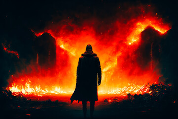 The image of the end of the world is depicted as the fire burns brightly at night