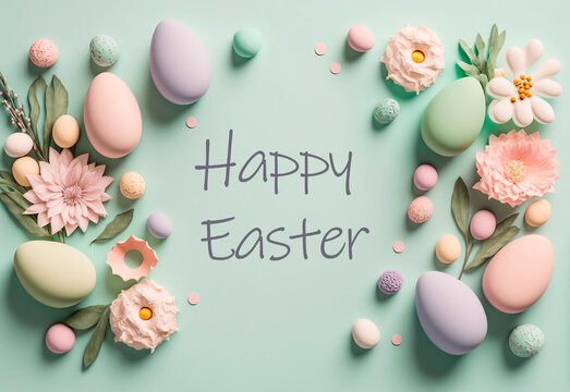 happy easter, Minimalist, modern Easter background with flowers and Easter eggs in pastel colors with lots of free space from above, generative AI