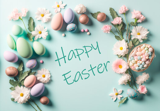 happy easter, Minimalist, modern Easter background with flowers and Easter eggs in pastel colors with lots of free space from above, generative AI