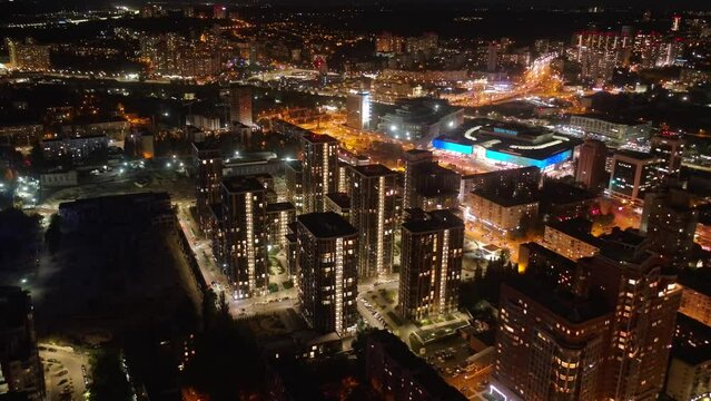 Modern residential area in the center of Kyiv. Night city. Premium real estate. Aerial. Ukraine. 