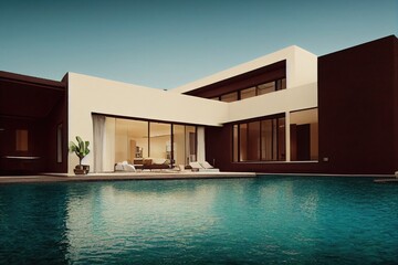Fototapeta premium Luxury pool villa spectacular contemporary design digital art real estate , home, house and property, Generative AI illustration.