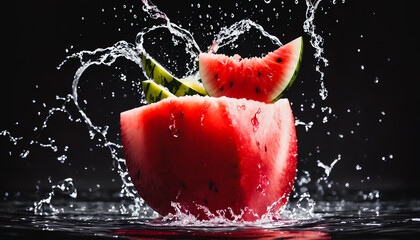 Captivating still-life of water-splashed watermelon captures the beauty of slow-motion photography. Generative AI