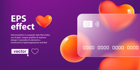 Glass morphism credit card template with floating red hearts. Transparent plastic with blur effect.