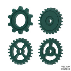 4 green Gear icon set. Golden Transmission cogwheels and gears are isolated on white background. Yellow Machine gear, setting symbol, Repair, and optimize workflow concept. 3d vector illustration.