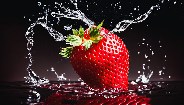 Captivating Still-life Of Water-splashed Strawberry Captures The Beauty Of Slow-motion Photography. Generative AI