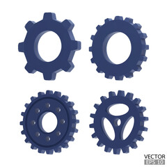 4 blue Gear icon set. Blue Transmission cogwheels and gears are isolated on white background. Blue Machine gear, setting symbol, Repair, and optimize workflow concept. 3d vector illustration.