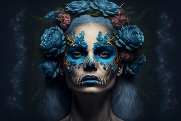 Portrait of a beautiful woman, some parts of the face a skeleton skull 