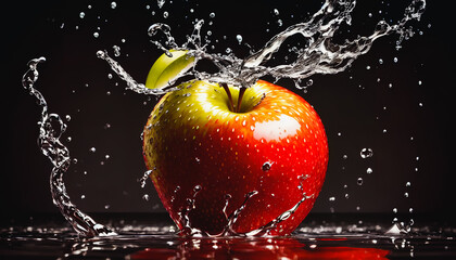Captivating still-life of water-splashed apple captures the beauty of slow-motion photography. Generative AI
