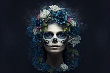 Portrait of a beautiful woman, some parts of the face a skeleton skull