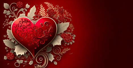 Intricate red heart on a romantic red gradient background. Love and passion with a luxury copy space. Generative AI.