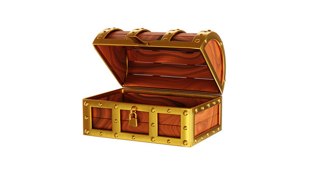 old wooden treasure box gold edge open and empty 3D rendering