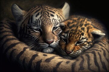 Cute baby tiger in Cuddle time, by ai generative 