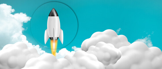 Rocket Leadership. Creative idea and Success for Business Start up, Investment future business concept on Blue background. copy space, digital, banner, website -3d Rendering